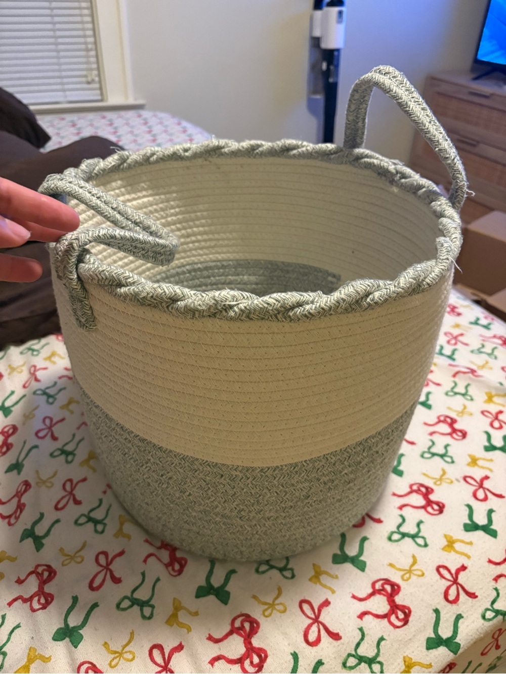 Handwoven Two-Tone Cotton Rope Storage Basket - Cream and Sage